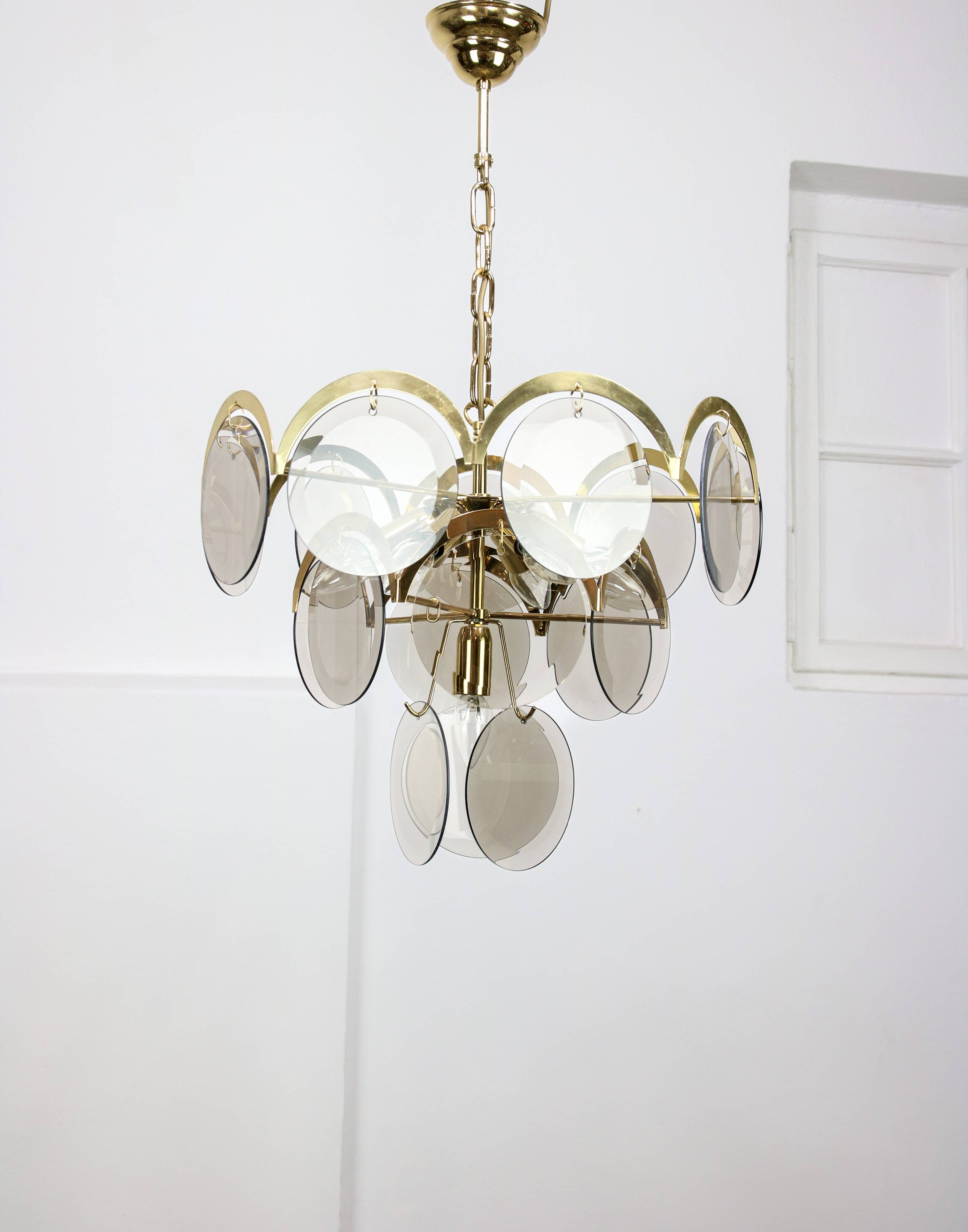 Vintage Vistosi Chandelier: Smoked Glass Discs, Gold Metal, 1970s Italian P