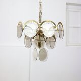 Vintage Vistosi Chandelier: Smoked Glass Discs, Gold Metal, 1970s Italian P