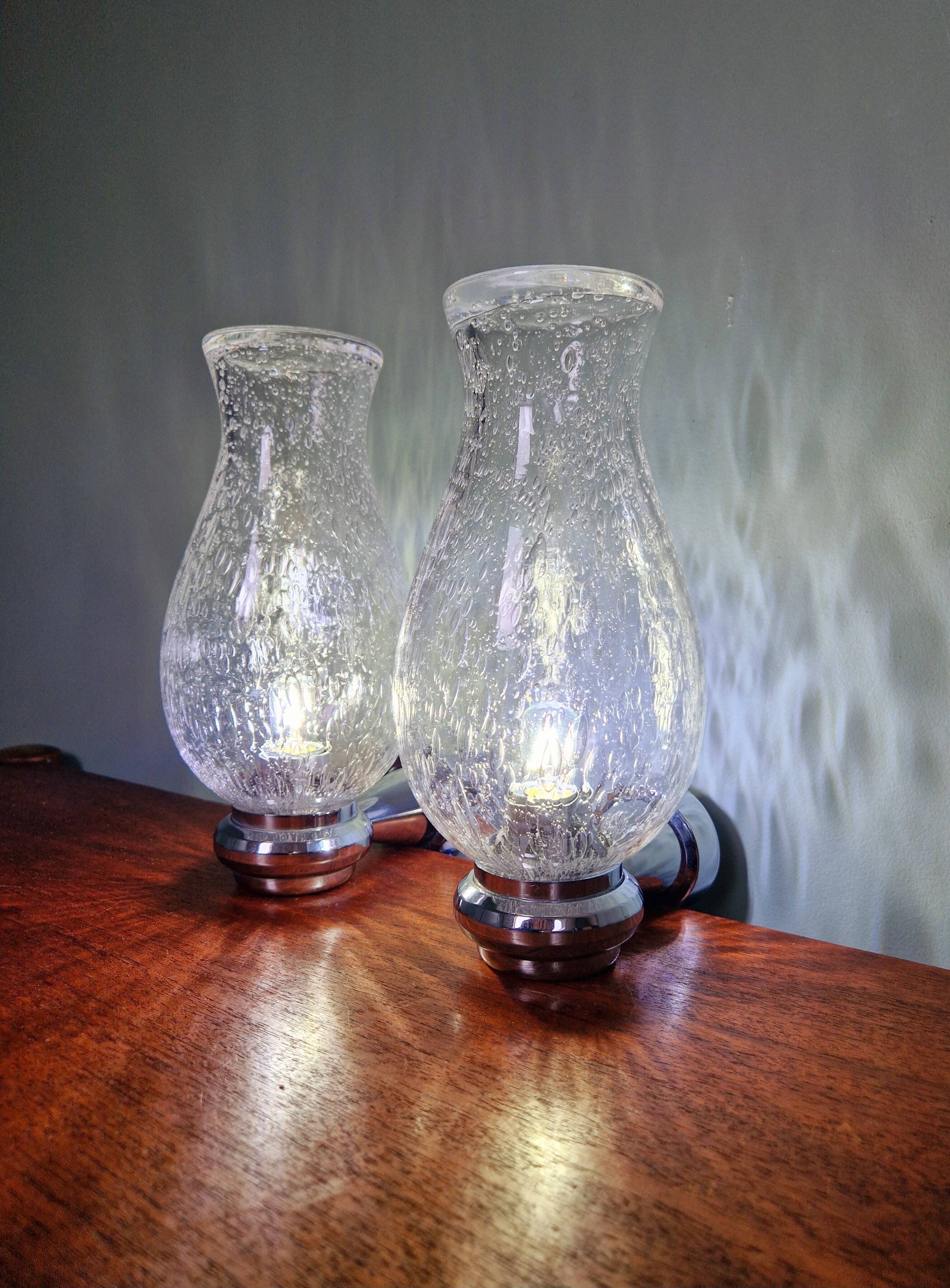 Pair of blown glass and chrome-plated metal wall lights, 1970s
