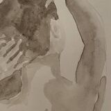Tableau signé aquarelle monochrome sépia portrait féminin « la coiffure »