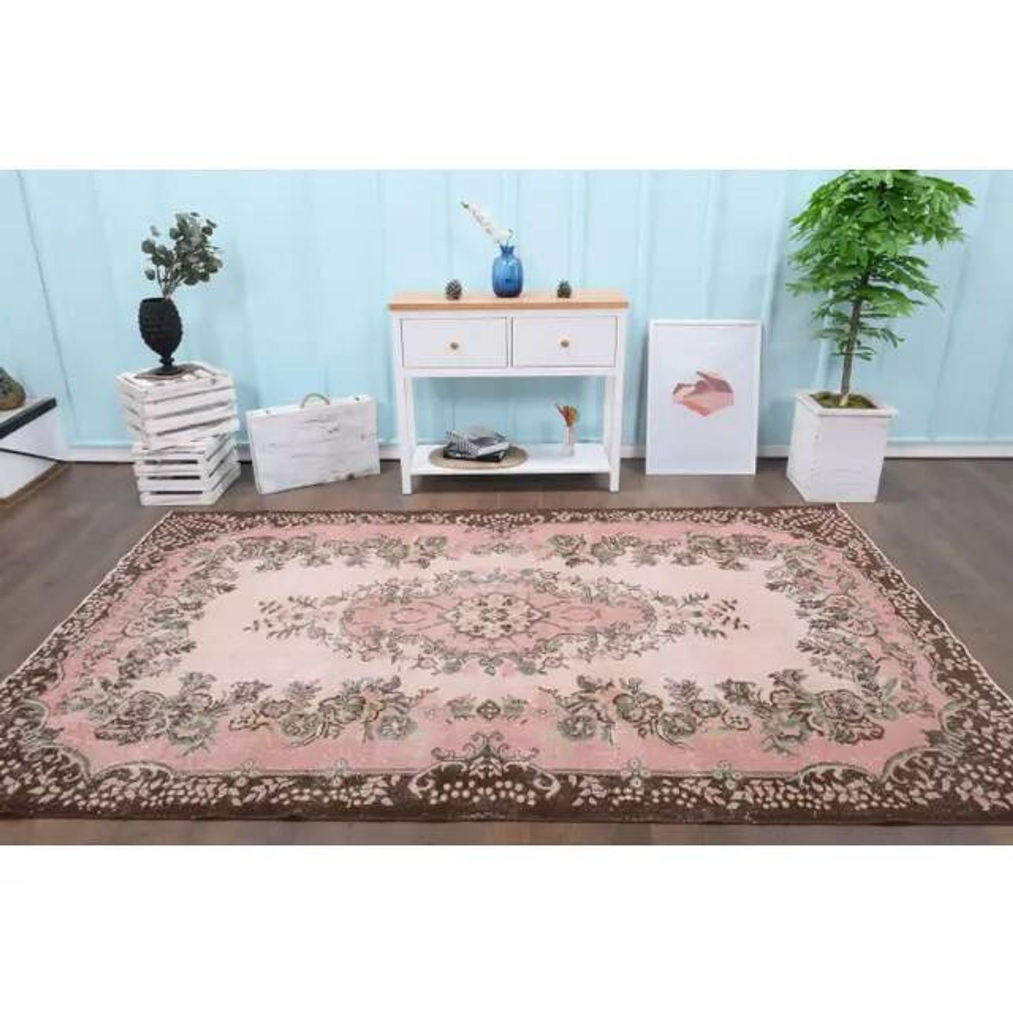 1970s Vintage Turkish Oushak Handmade Wool Cotton Pink Area Rug 173x293