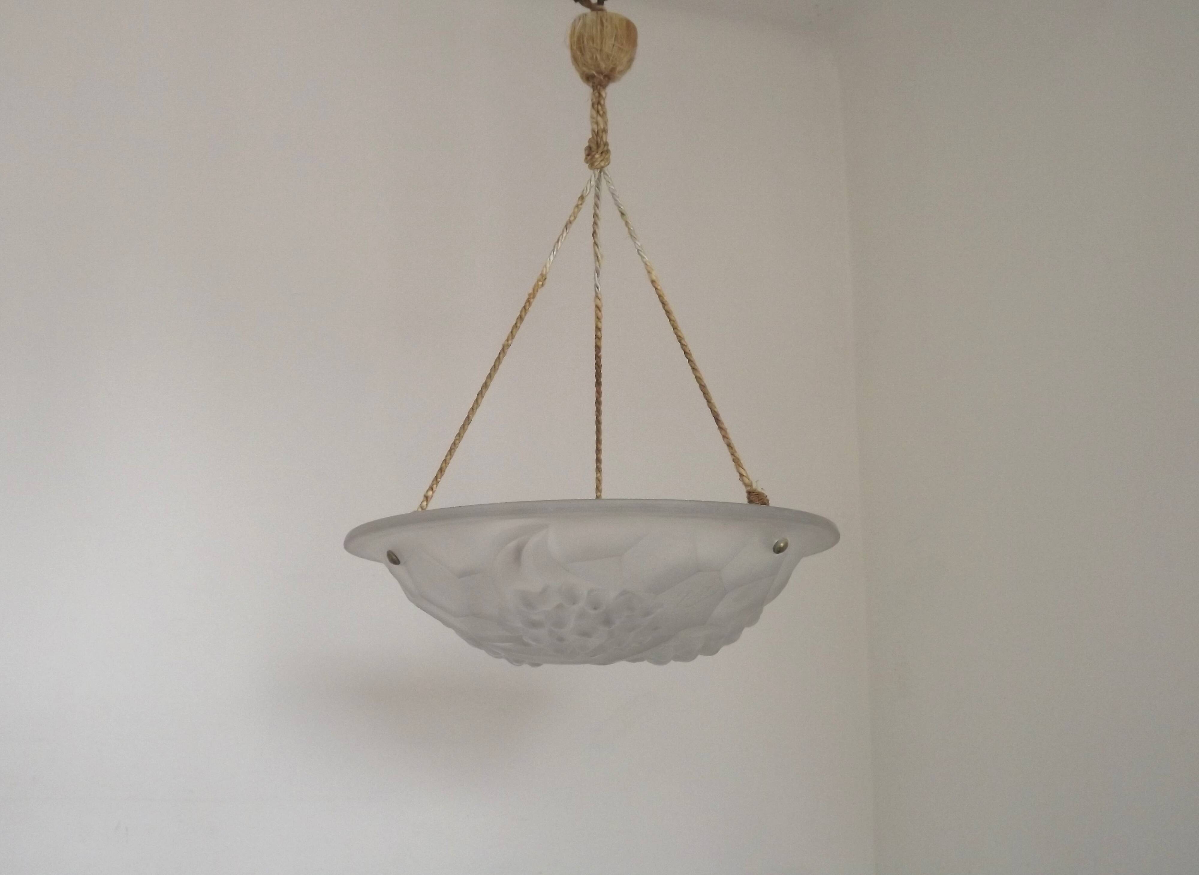 French Art Deco Ceiling Light ROS Degue Frosted Molded Glass Plafonnier