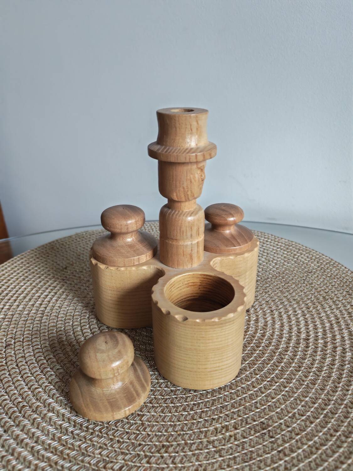 Set of wooden condiment pots
