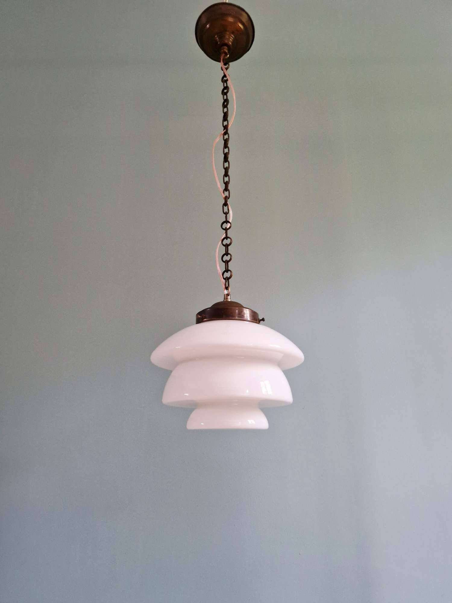 Art Deco pendant light in white opaline and copper frame, 1920s-30s