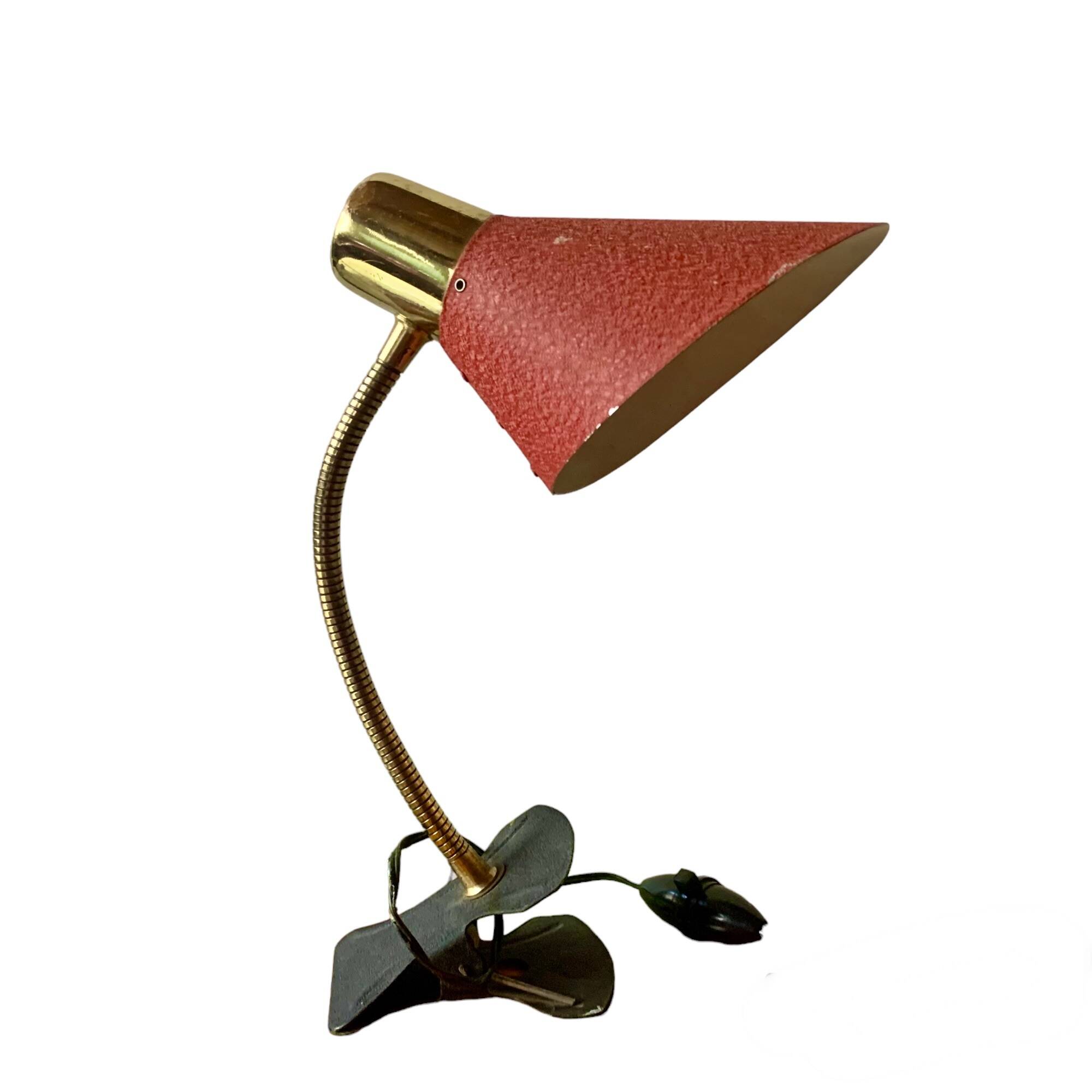 Brass and red painted metal clamp desk lamp - 1950s