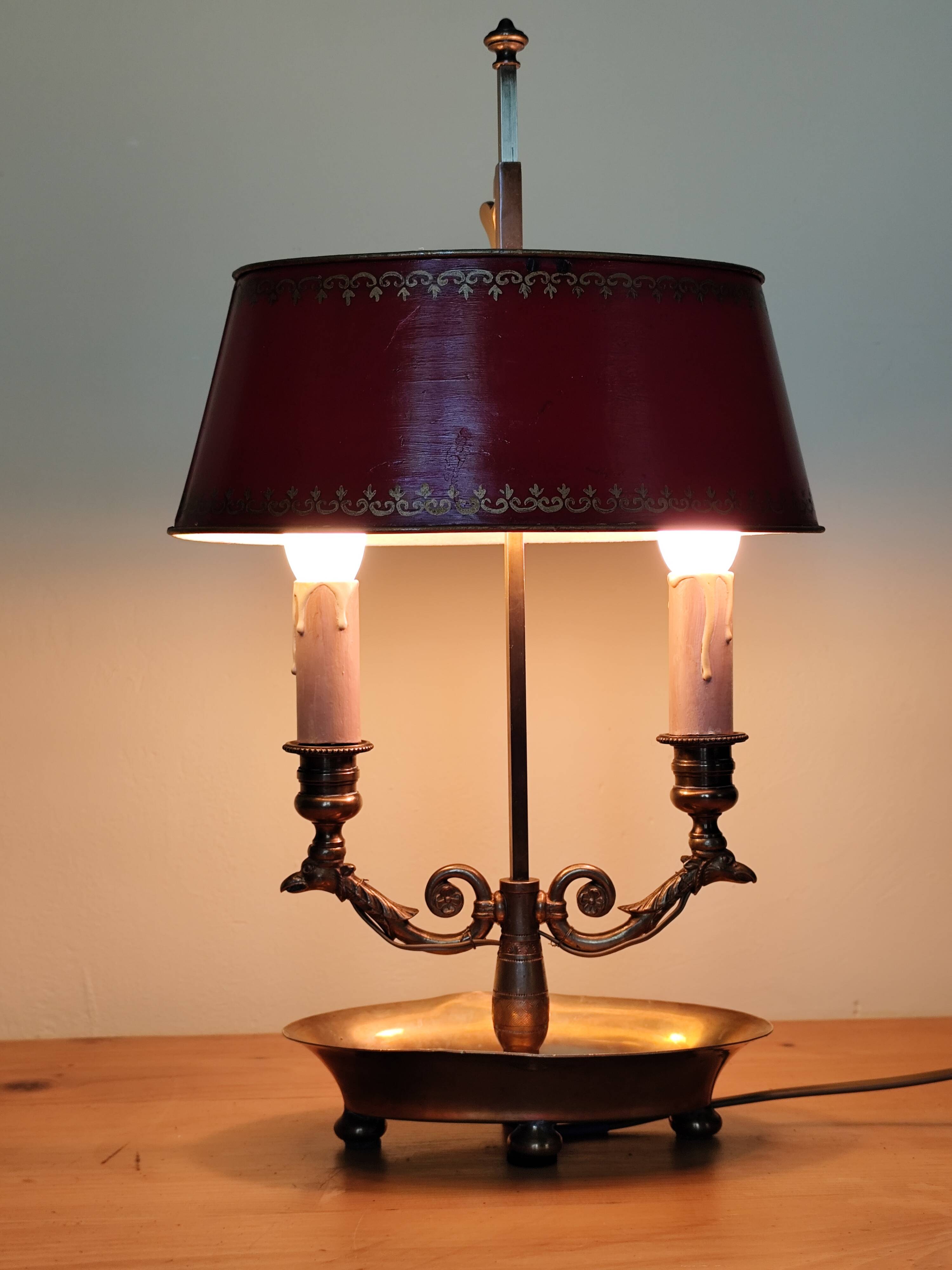 bronze and brass 2-bulb bouillotte lamp, red desk lamp