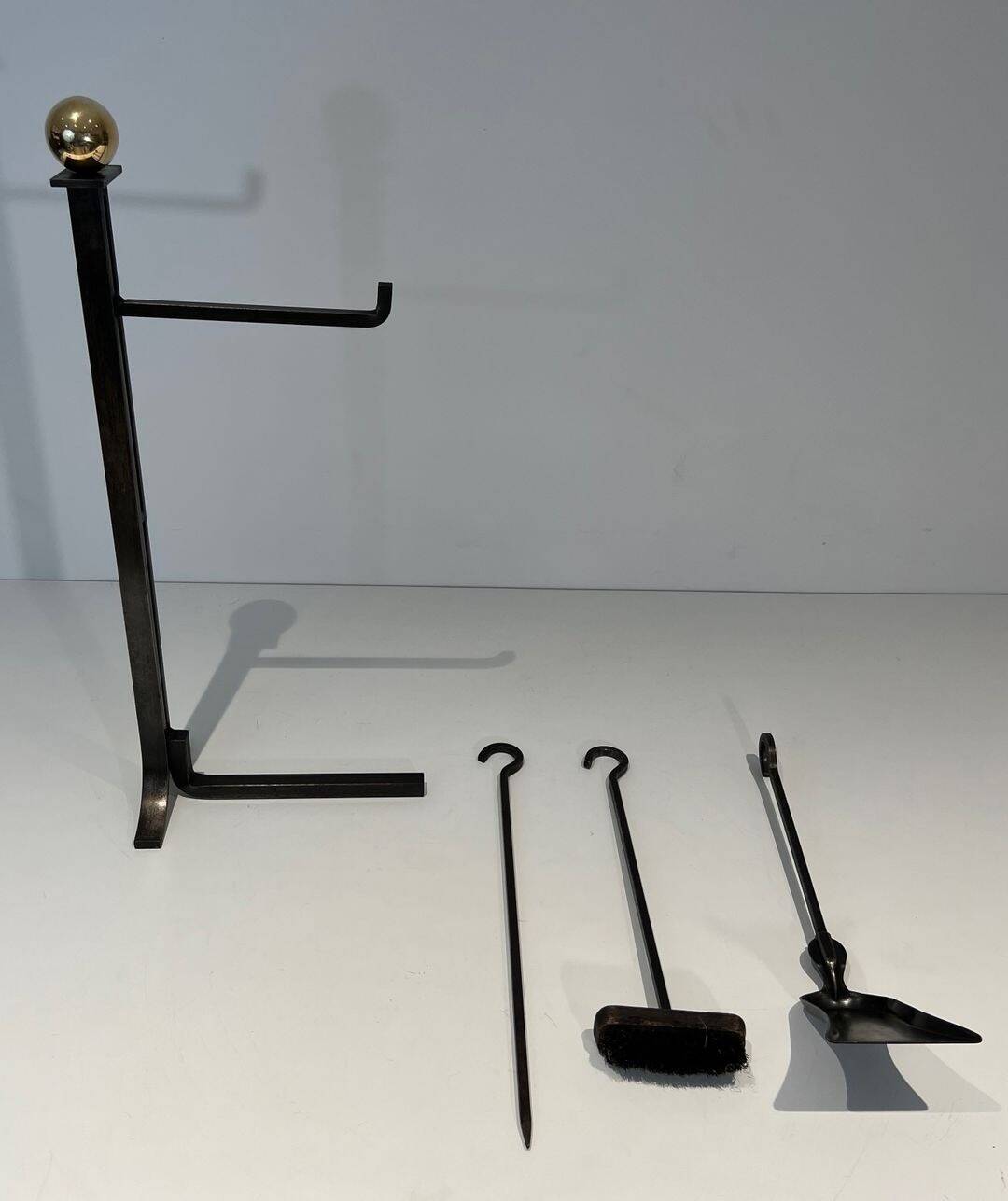 Modernist Fire Necessities in Steel and Brass with Hanging Tools, in the