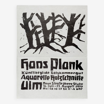 Affiche originale d'exposition d'art autrichienne Hans Plank des années 1970 pour les gravures sur bois