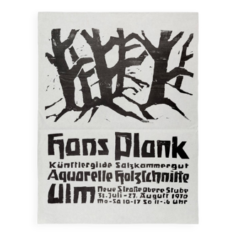 Affiche originale d'exposition d'art autrichienne Hans Plank des années 1970 pour les gravures sur bois