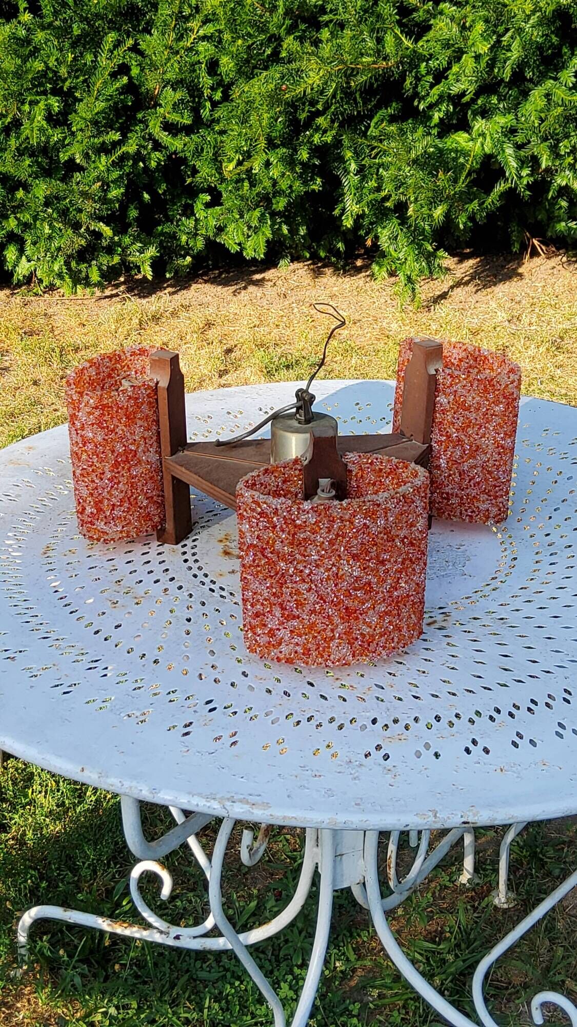 70s Scandinavian style chandelier in wood and orange granite resin 3 lights
