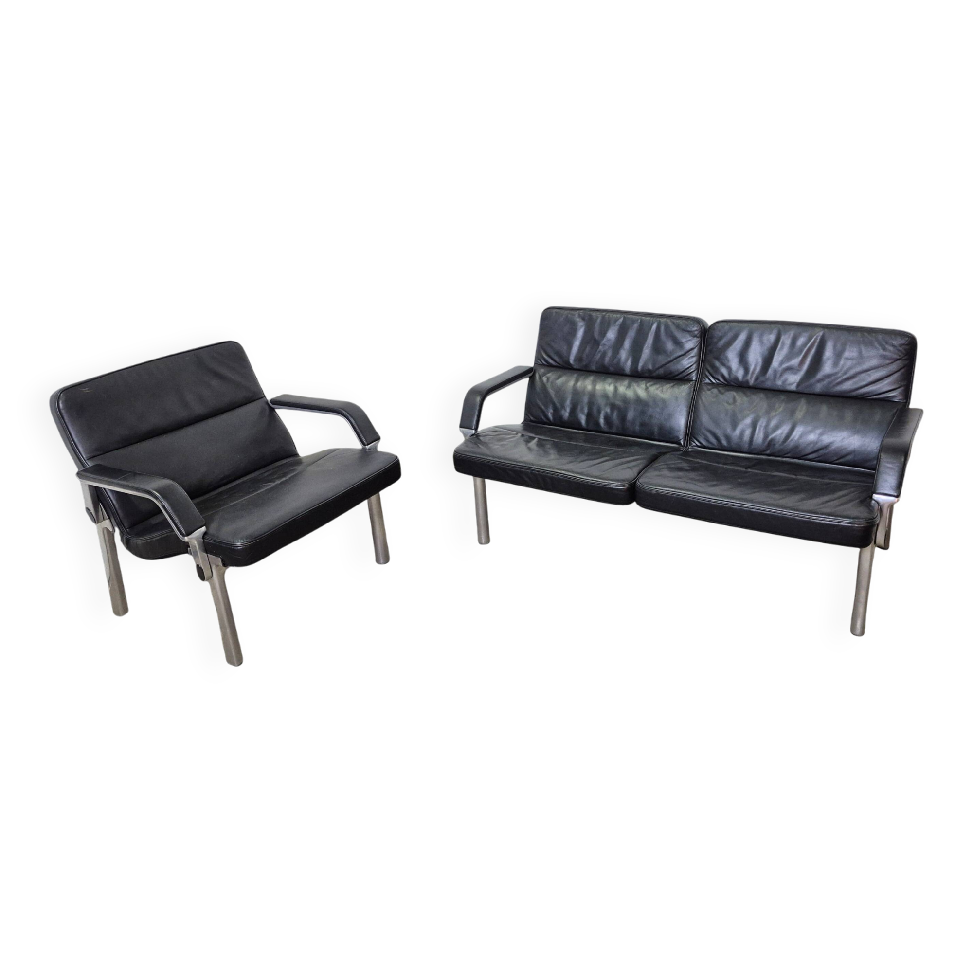 Postmodern black leather seating group, Germany 1980s