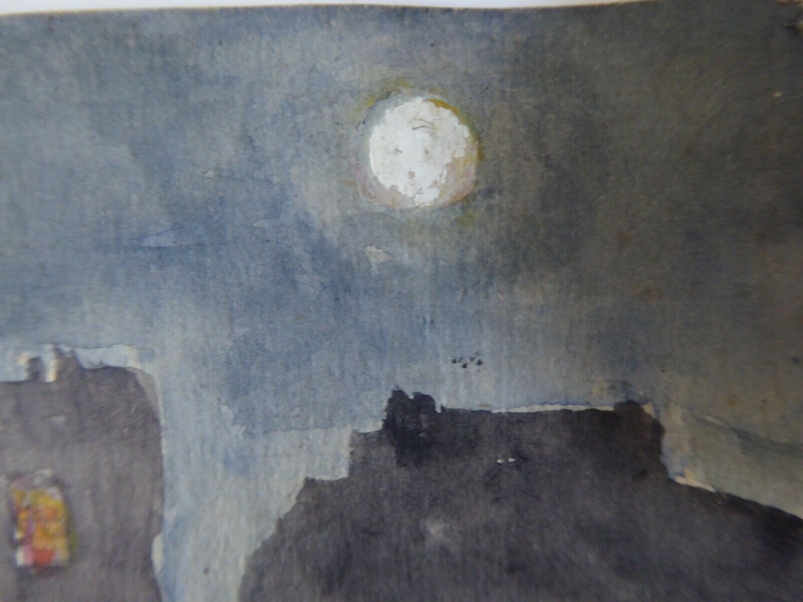 Aquarelle ancienne sur papier, paysage nocturne, XIXe Signé Blanche Gatte