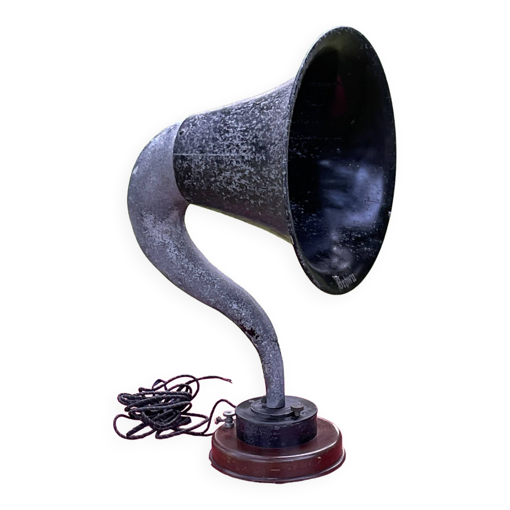 Brown, antique speaker, aluminum horn and wood, gooseneck