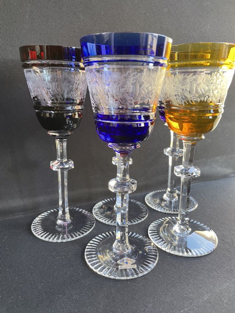 Josephinenhütte - red wine glasses (5) - Art Nouveau - Cut and engraved Crystal Roemer