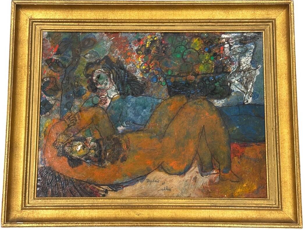 Mixed technique painting by Théo TOBIASSE (1927-2012) titled Daphnis and Chloé.
