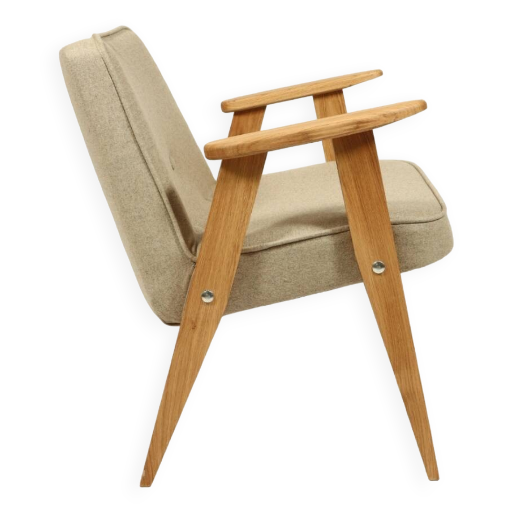 Scandinavian armchair beige wool natural oak wood chair design by Chierovski