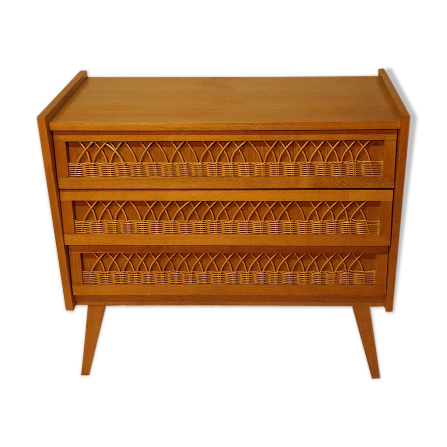 Commode vintage en bois et rotin 1960