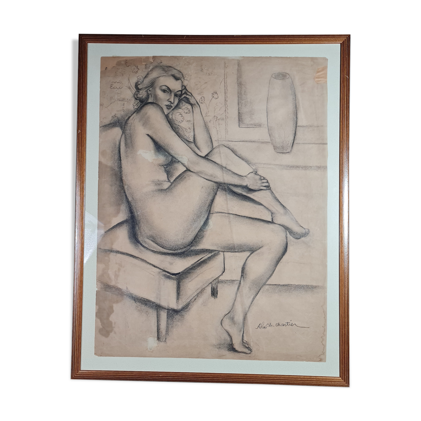 A-c. chartier (1874-1957) femme nue assise dessin fusain art déco 72x57 cm sb