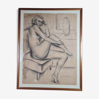 A-c. chartier (1874-1957) femme nue assise dessin fusain art déco 72x57 cm sb