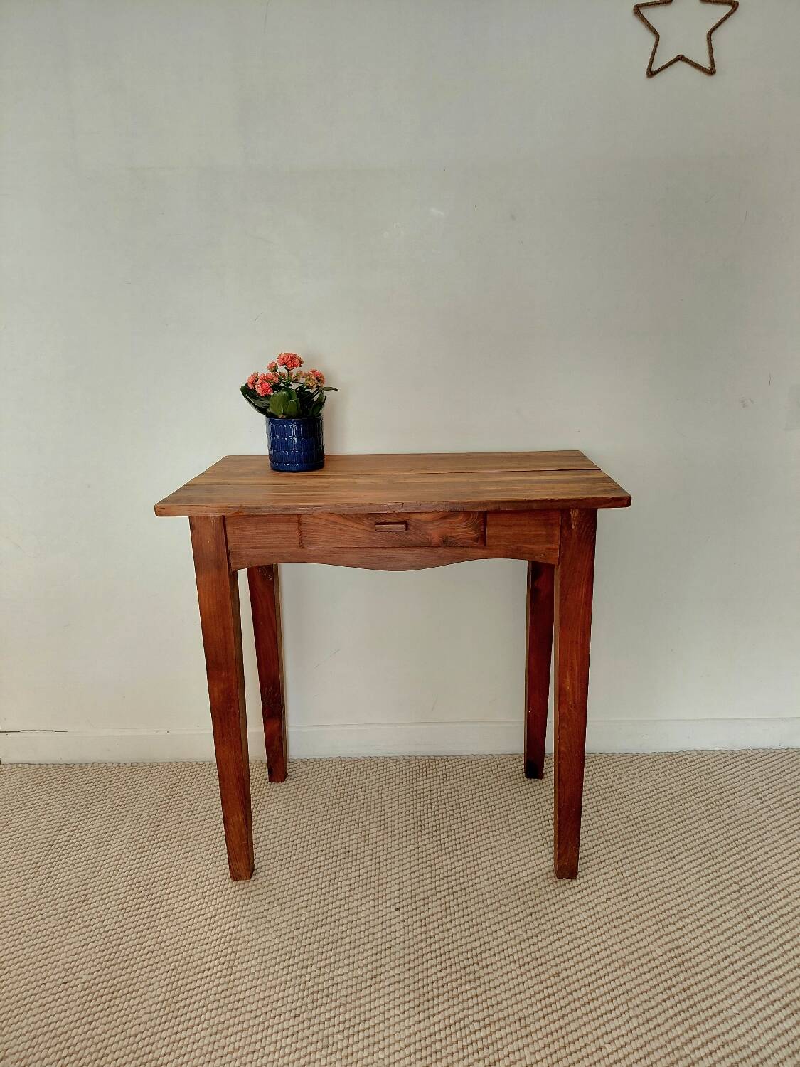 Small antique solid wood table in chic country style with a drawer.