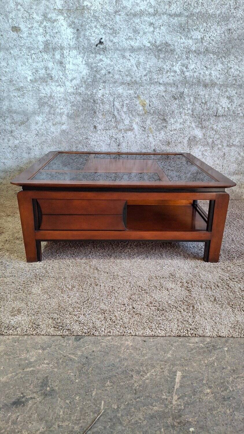 Table basse carrée bois massif plateau avec verre noir 100x100 cm