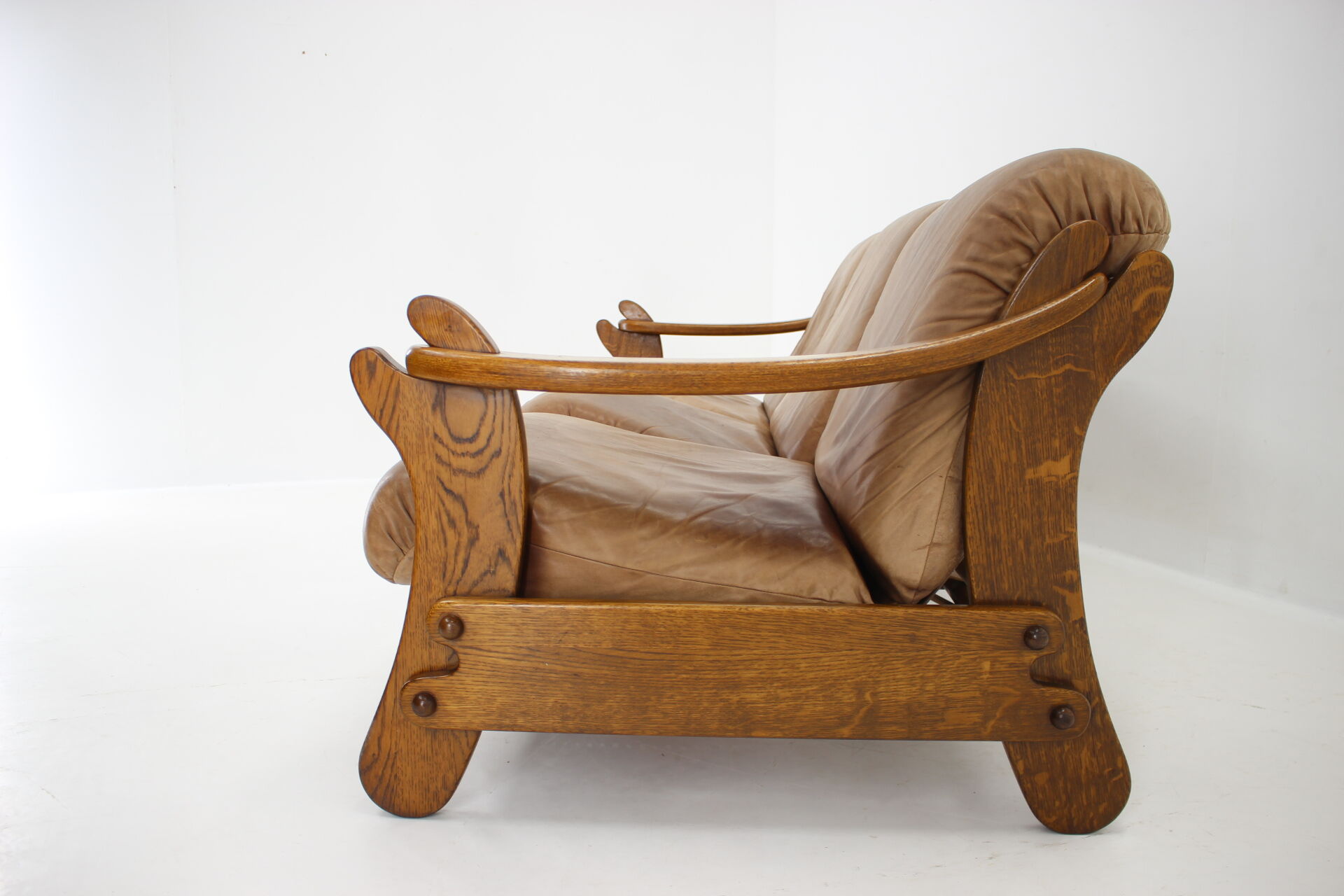 1970s Brutalist Dutch Oak and Leather 3 Seater Sofa