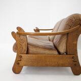 1970s Brutalist Dutch Oak and Leather 3 Seater Sofa