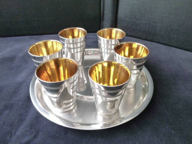 Liqueur service, silver-plated metal shot.