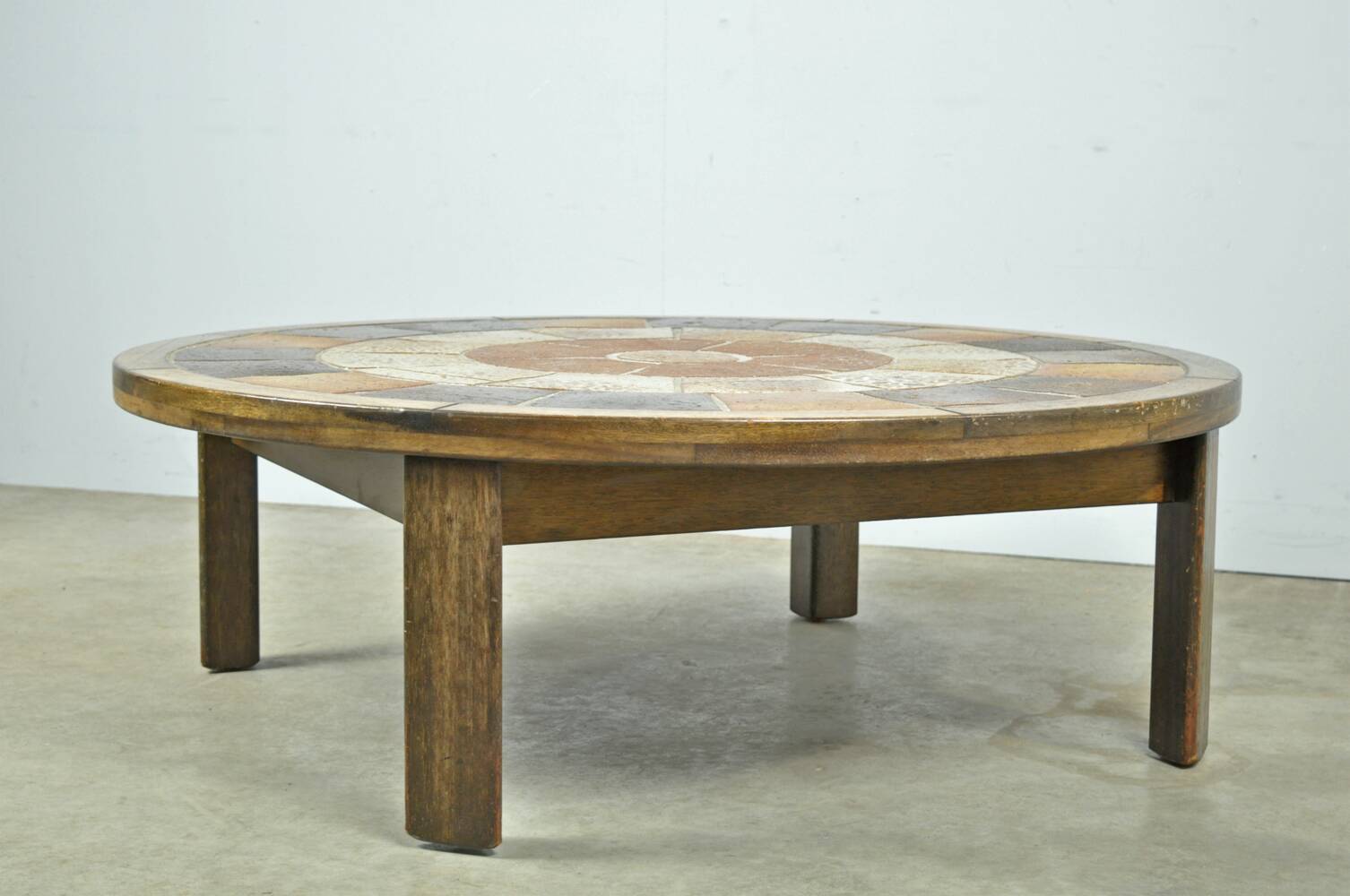 Vintage round coffee table with ceramic tiles by Danish artist TUE POULSEN,