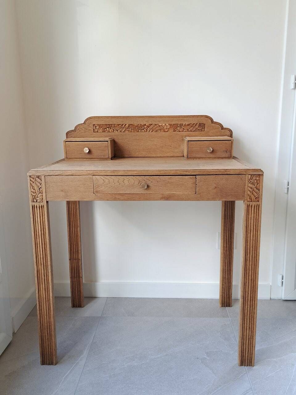 Art Deco oak desk, stripped finish, console size, 3 drawers.