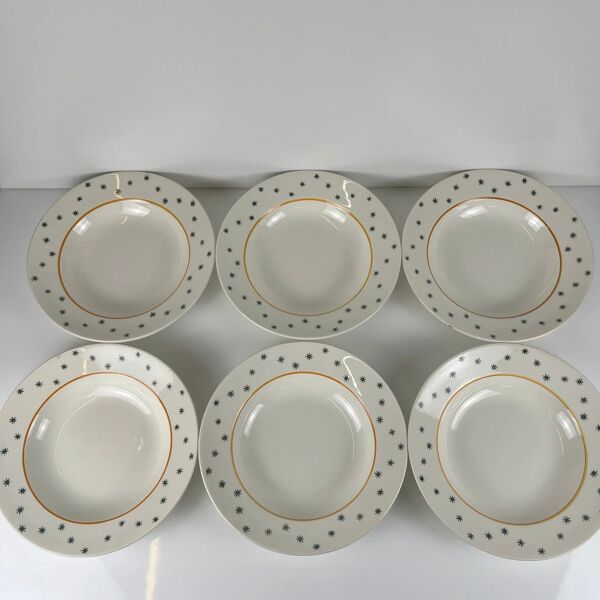 6 assiettes creuses Gien, création Primefleur, modèle ''Constellation'', 1950