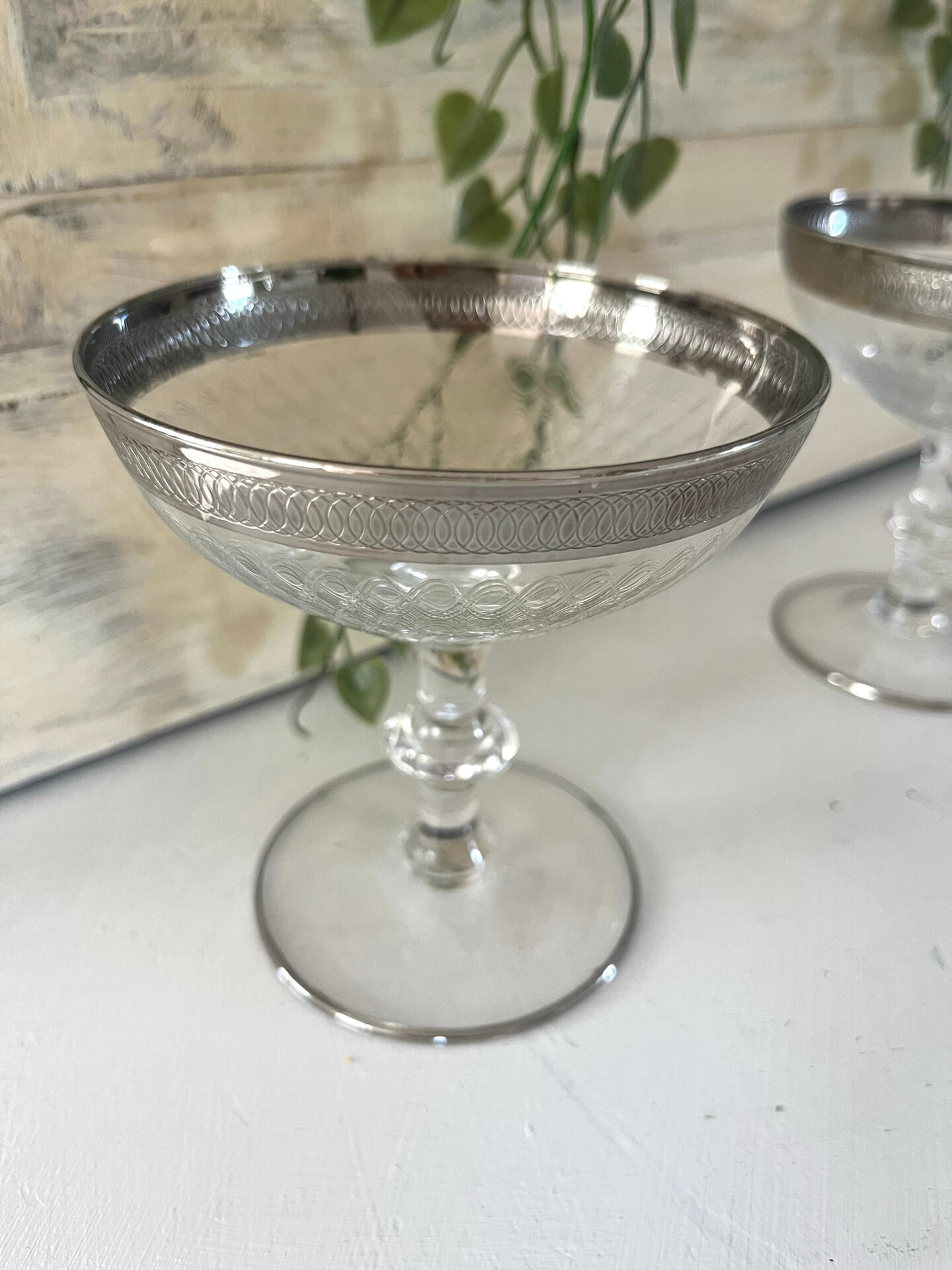 Etched silver rim cocktail coupe glasses set mid century barware