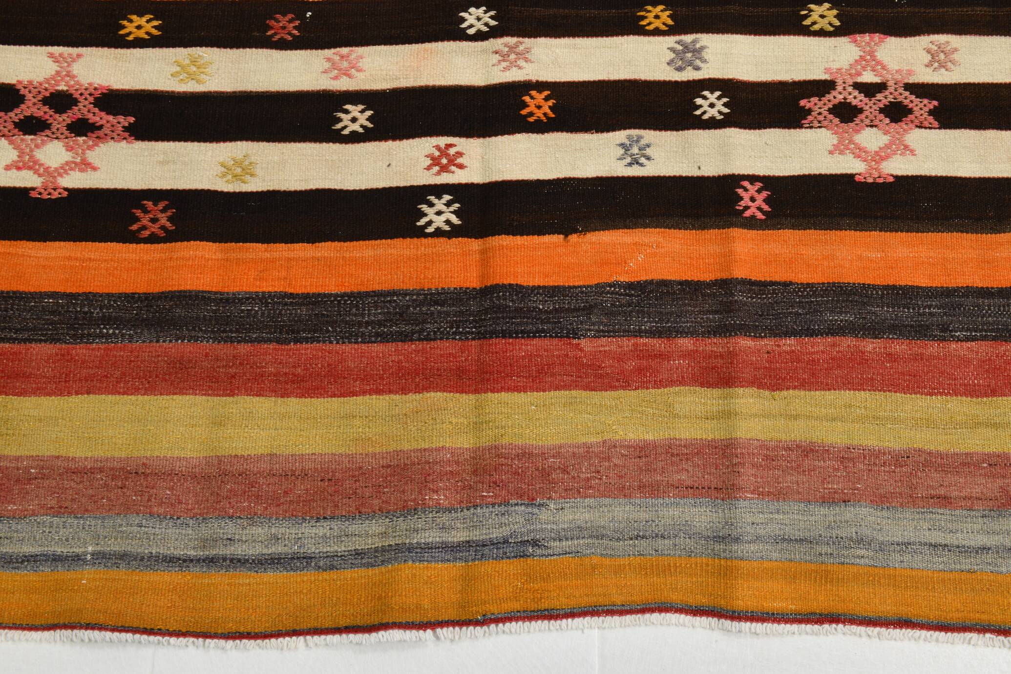 Tapis kilim vintage turc rayé multicolore à motifs géométriques, 190x320 cm