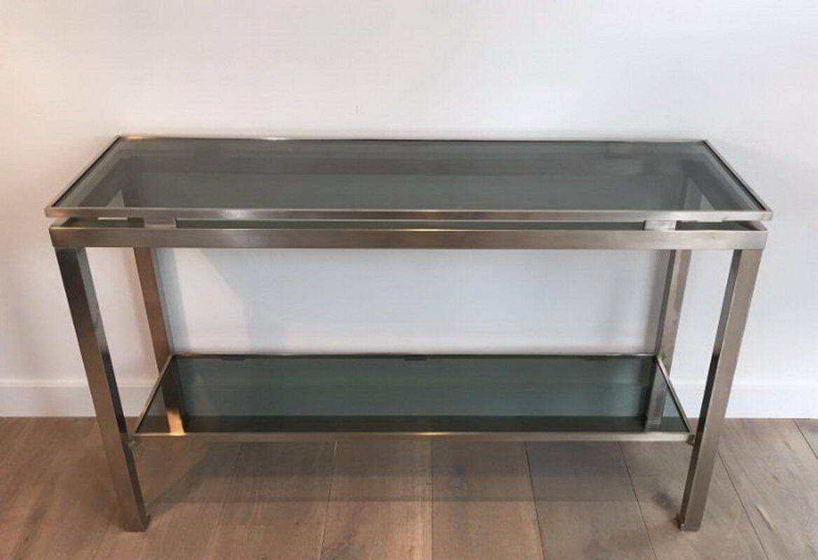 Beautiful console table in brushed metal with bluish glass shelves