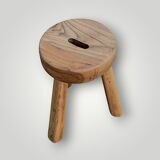Antique brutalist tripod stool in solid wood