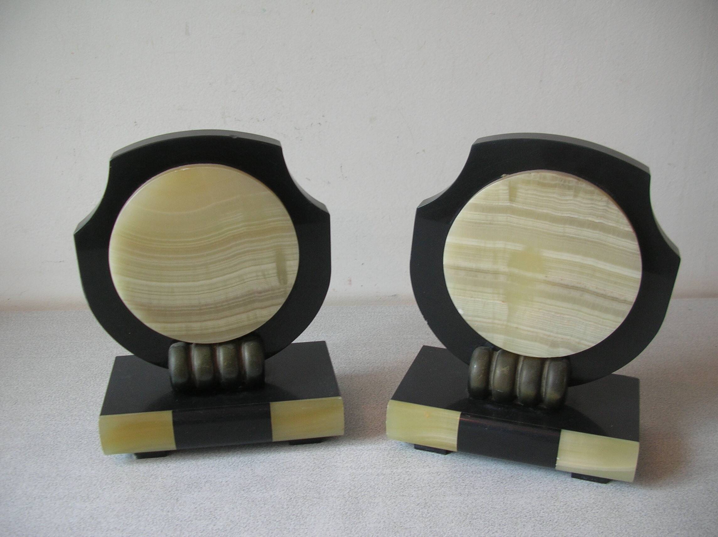 Old pair of cassolette bookends in Art Deco marble office living room vintage retro