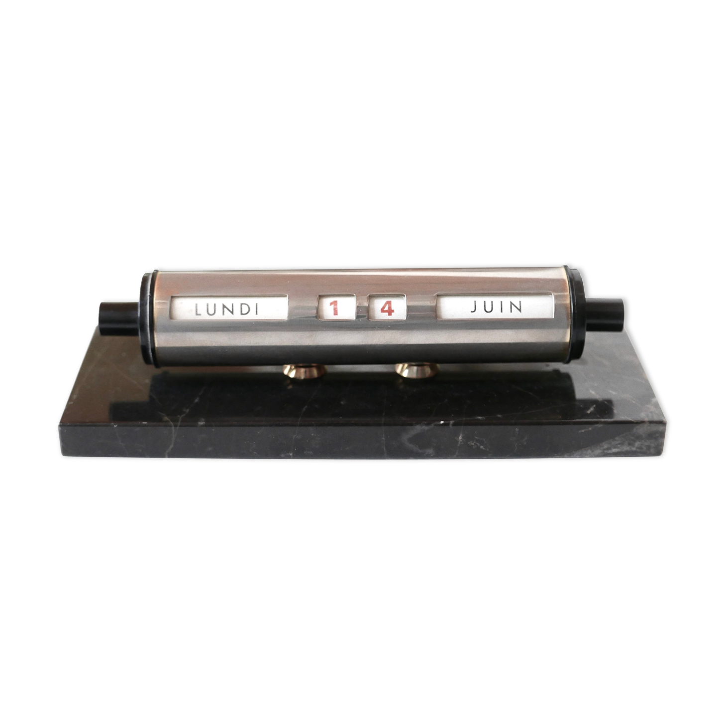 Tubular perpetual calendar, black marble base, 50s