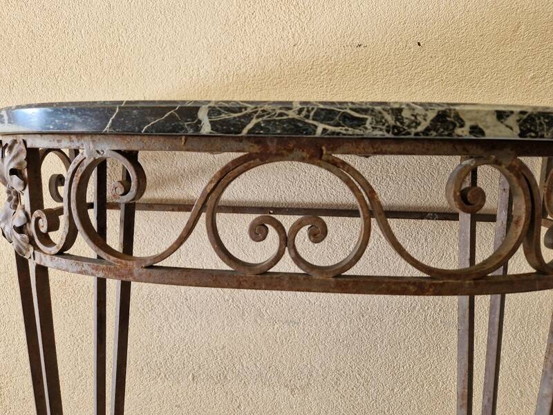 Half moon console - Wrought iron and green marble top - Design 1940