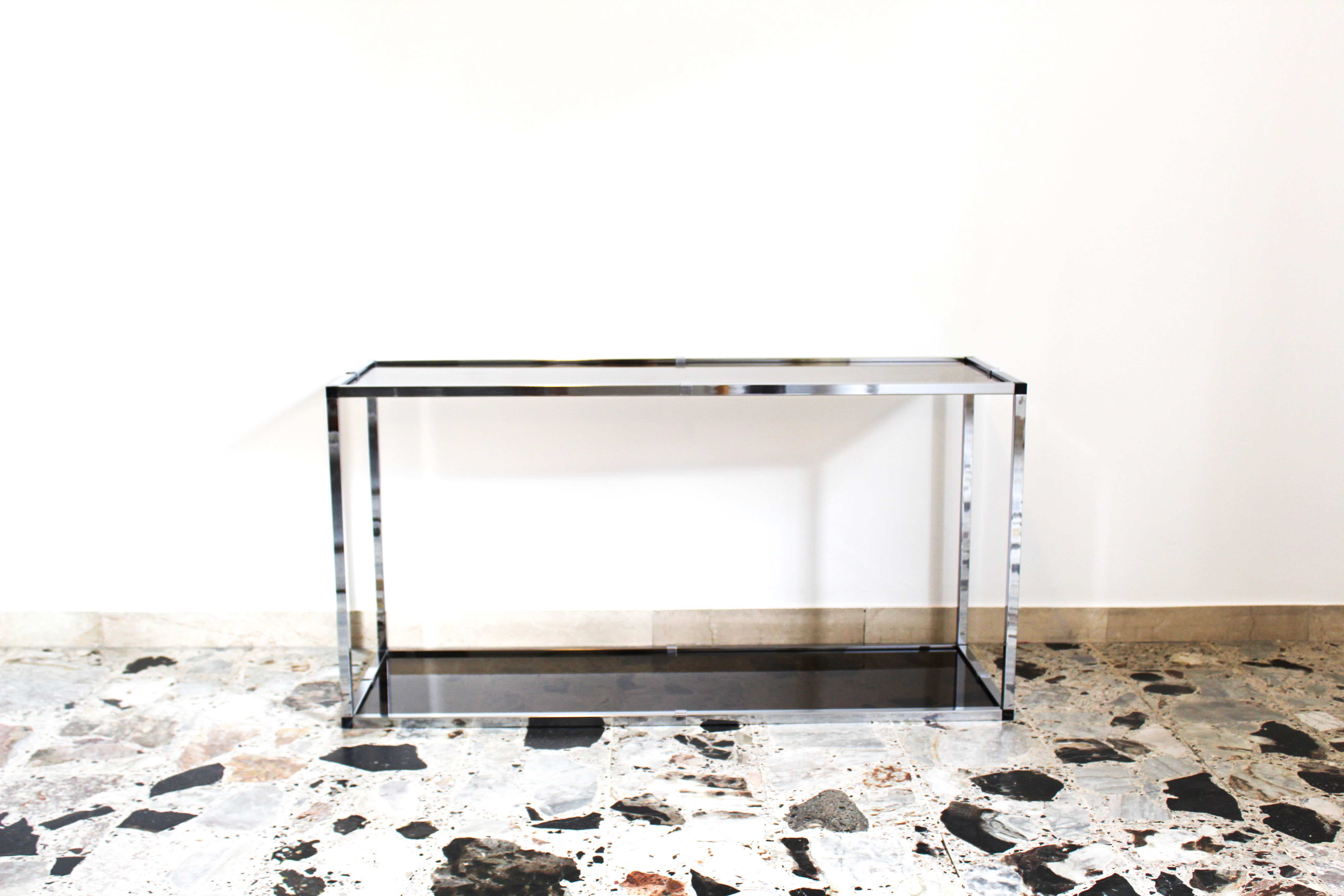 Console in chromed metal and smoked glass, Italy 70's
