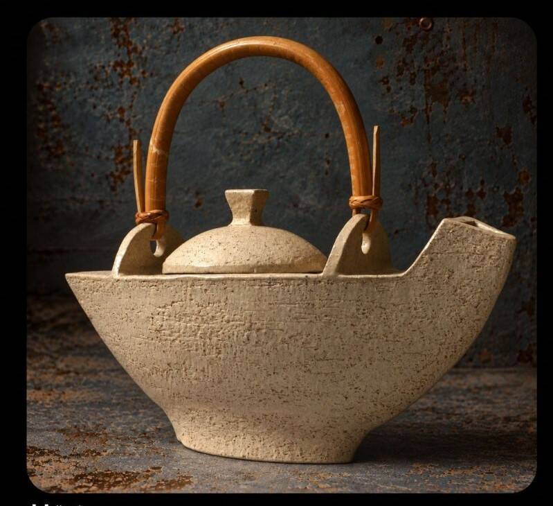 Unique Danish Studio Pottery – sculptural teapot with a bamboo handle;