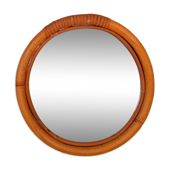 Miroir rond en rotin 60s