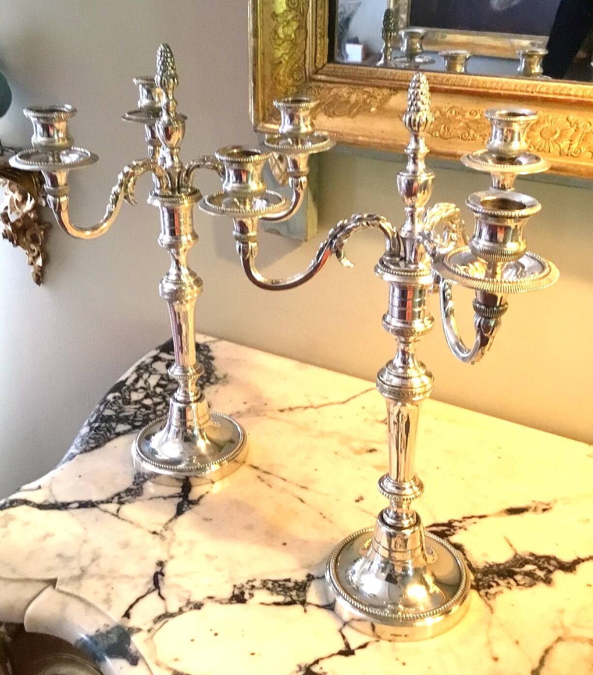 Pair of three-armed silver-plated candelabra