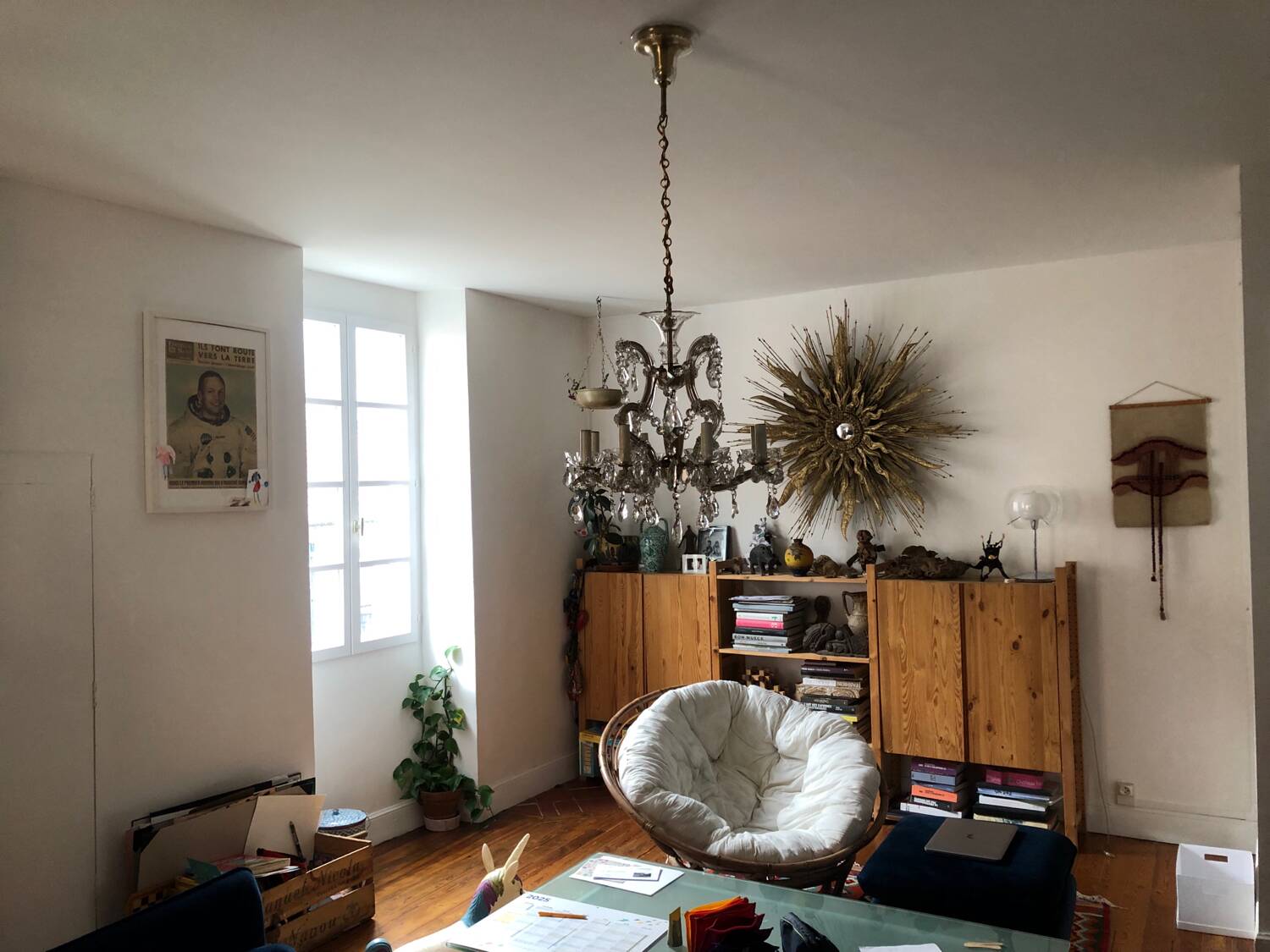 Old chandelier, pendant light, Marie Thérèse light with 9 lights and glass pendants. 1980s