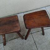 Pair of tripod stools, vintage brutalist style, solid wood