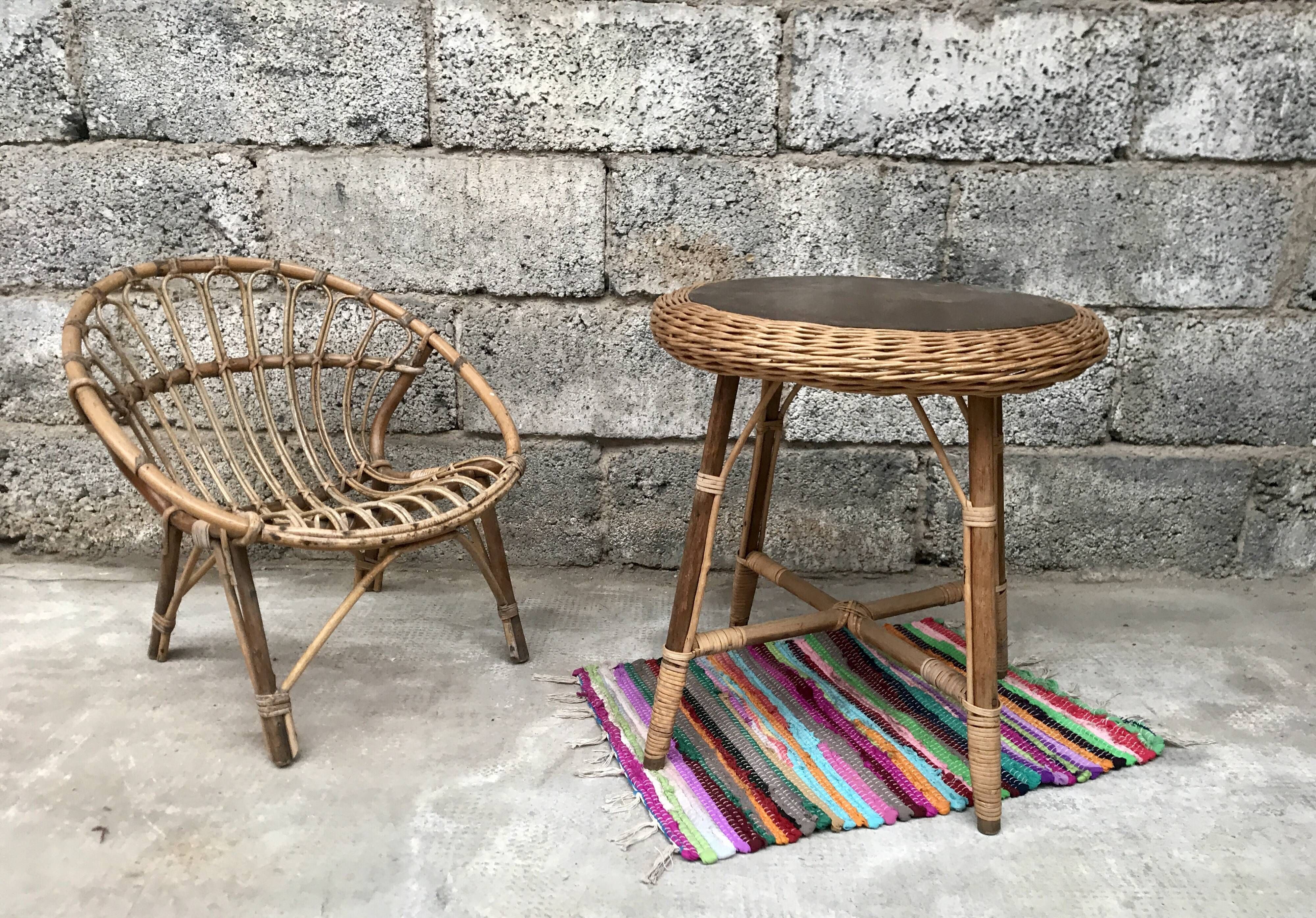 Guerdon vintage children's coffee table in rattan wit old rattan wicker bohemian 1950
