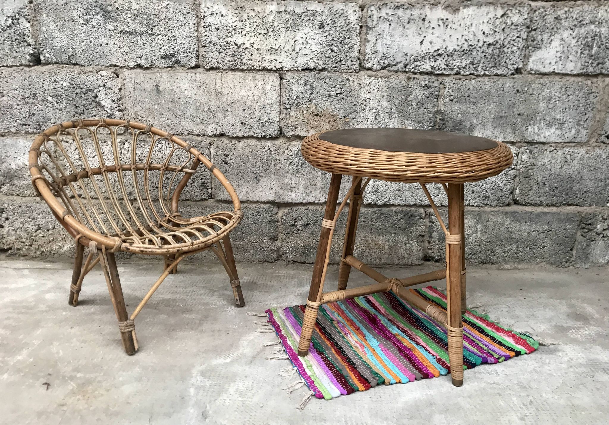 Guerdon vintage children's coffee table in rattan wit old rattan wicker bohemian 1950
