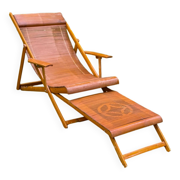 Chaise longue vintage en bambou japonais et repose-pieds