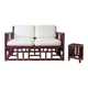 Two-seater sofa set and small lacquered violet rattan table.