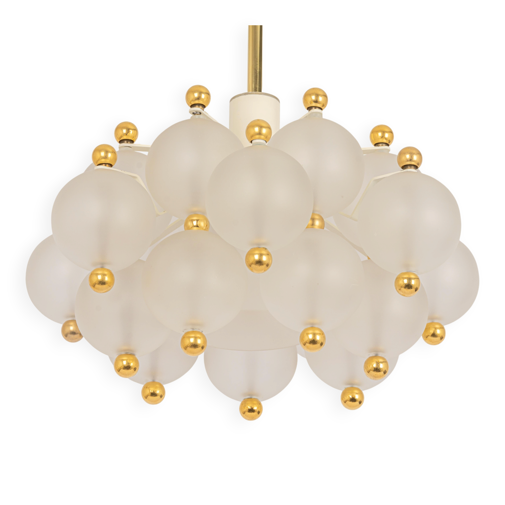 Large frosted glass and brass chandelier by Kinkeldey, Germany, 1970s.