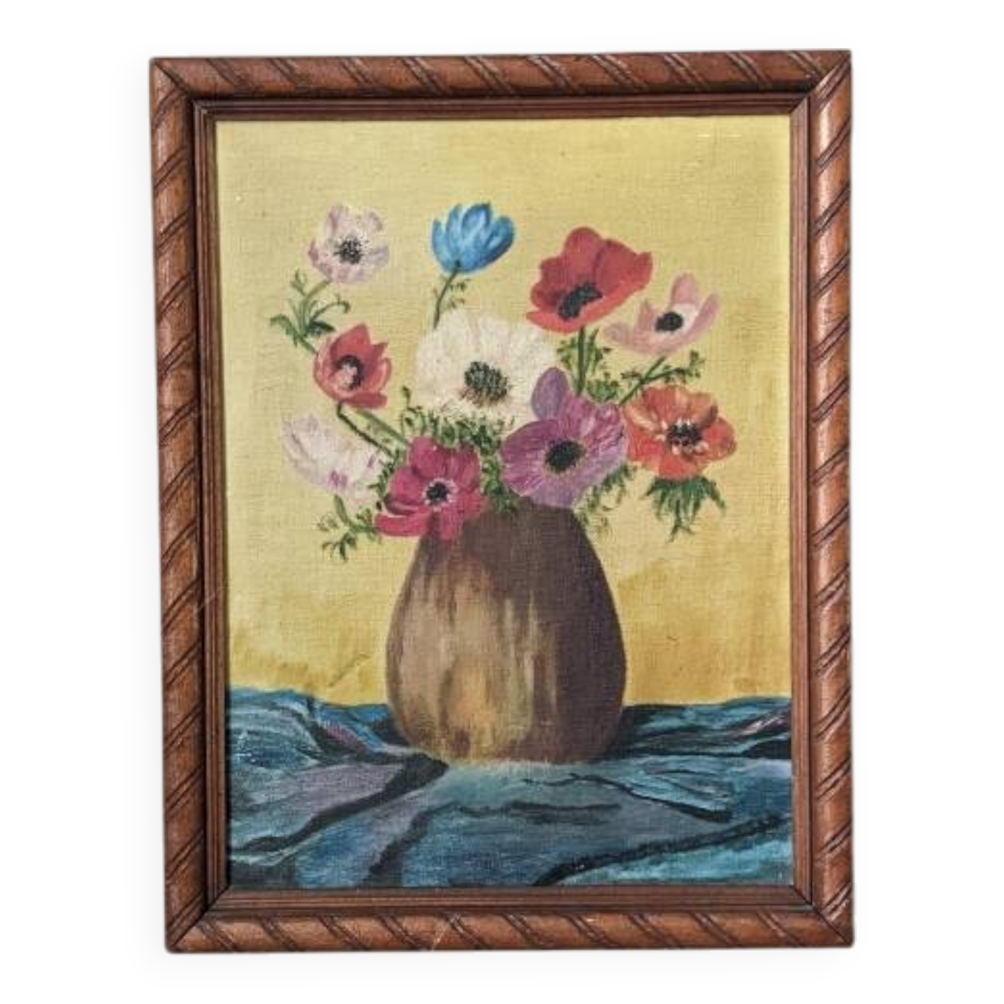 Acrylic painting on canvas, old still life, bouquet of flowers